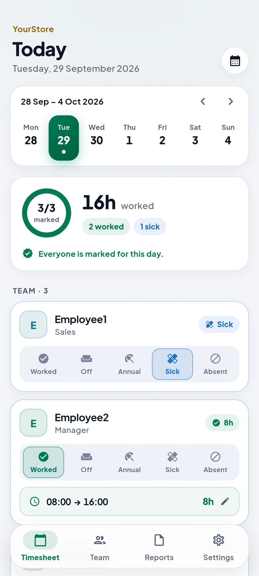 Daily timesheet screen