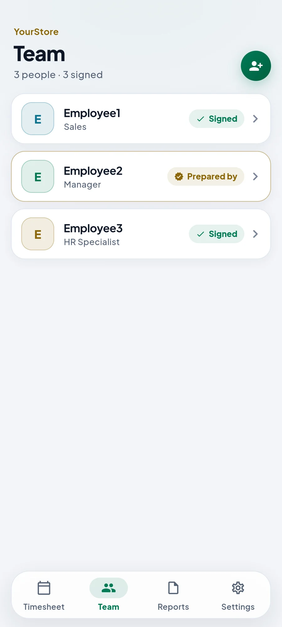 Team list with signatures