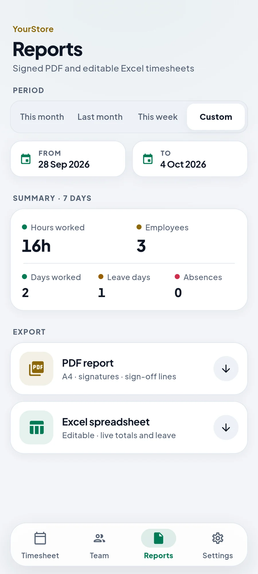 PDF and Excel reports screen