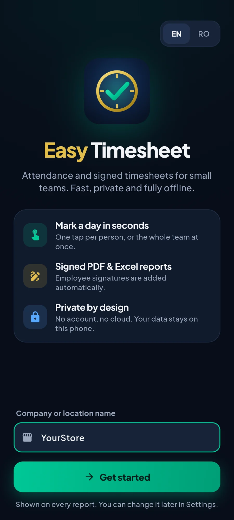 Easy Timesheet welcome screen