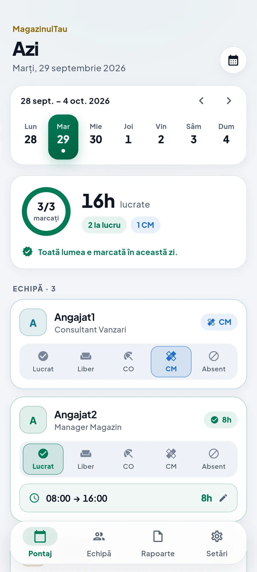 Ecranul de pontaj zilnic