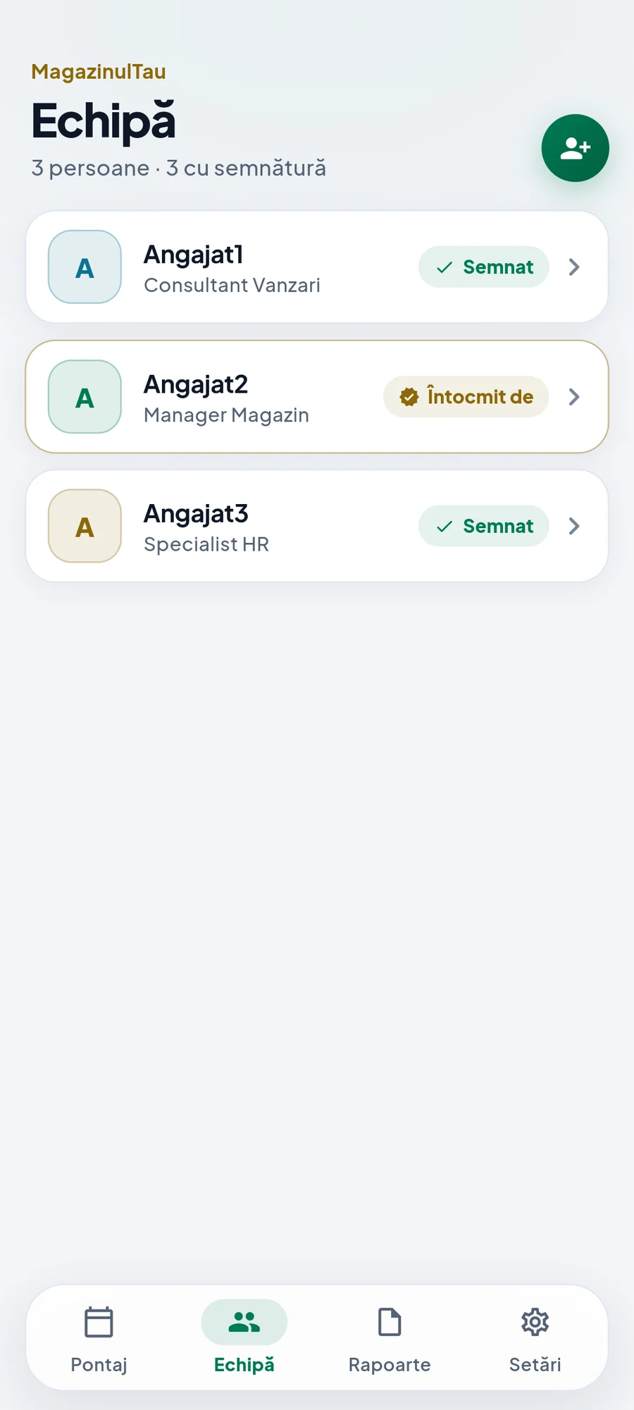 Lista echipei cu semnături