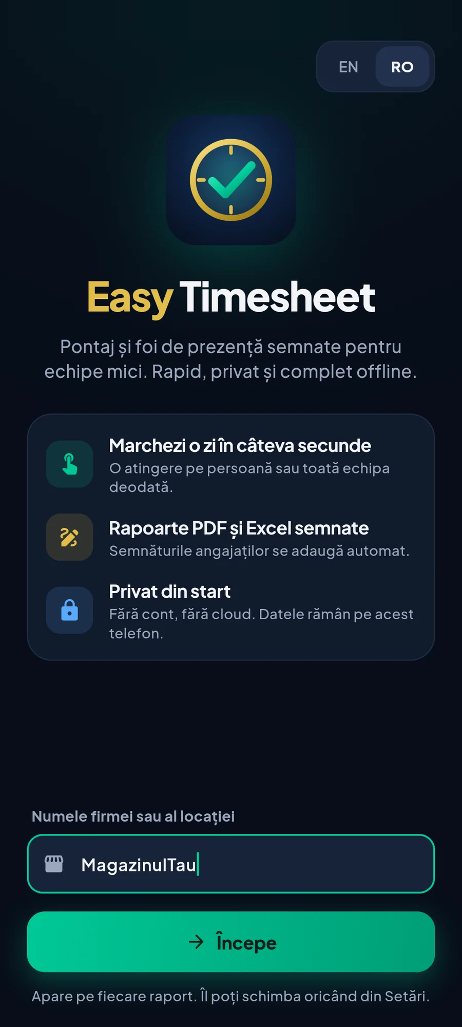 Ecranul de start Easy Timesheet