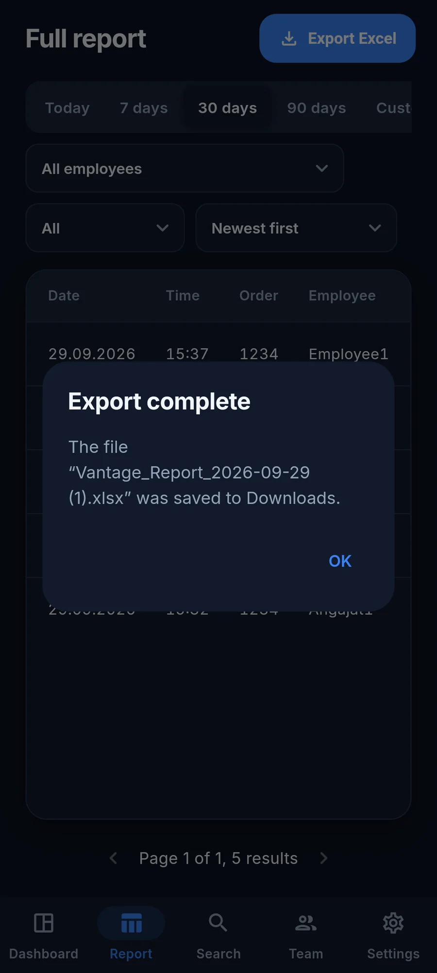 Full report with Excel export