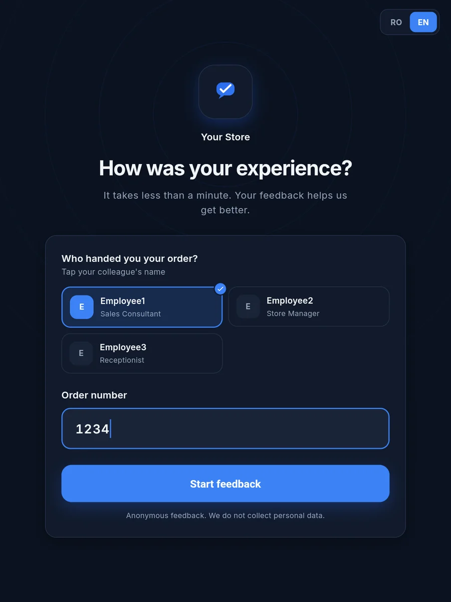Vantage on a tablet: feedback start screen
