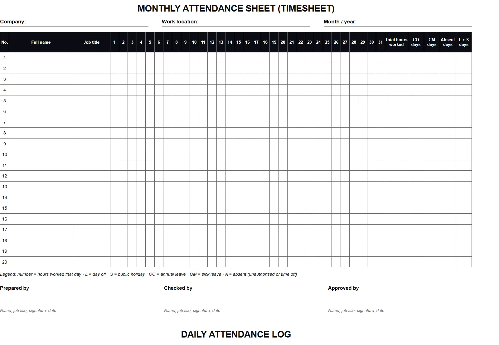 Monthly attendance sheet template, with the days of the month, totals and signatures